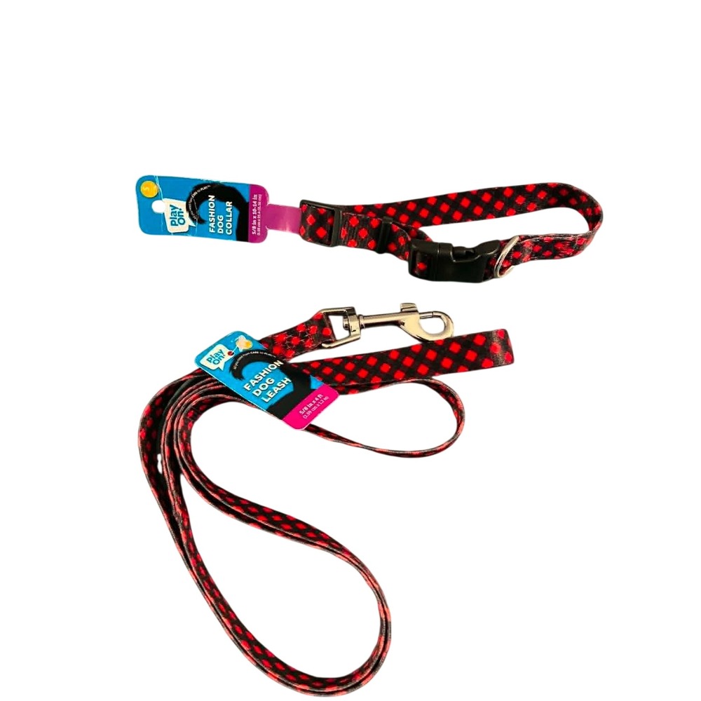 Play On! Dog Collar and Leash Set Small Red Black Checkered New NWT‎ Patterned